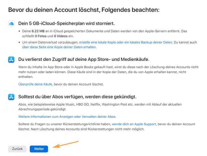 Überprüfen Sie die wichtigen Punkte, bevor Sie iCloud entfernen