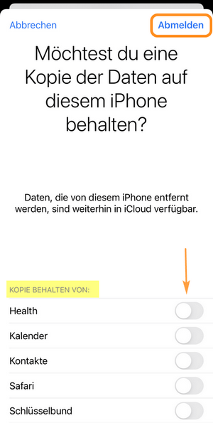 Kopie der Daten erstellen und von iCloud abmelden