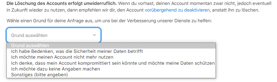 Wählen Sie einen Grund zum Löschen Ihres iCloud-Kontos