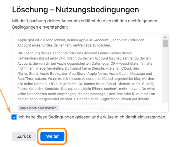 Lesen und akzeptieren Sie die Nutzungsbedingungen, um iCloud zu löschen