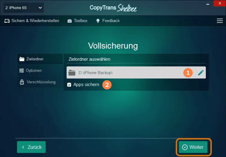 Vollsicherung im Programm starten