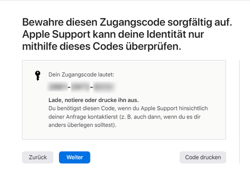 Zugangscode zum iCloud-Löschen notieren