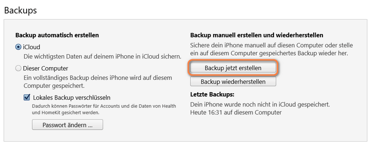 iPhone iTunes Backup Sicherung erstellen