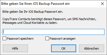 iPhone Backup passwort für CopyTrans Contacts