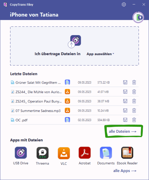iPhone bereinigen von Datenmüll: Liste von allen Dateien in CopyTrans Filey