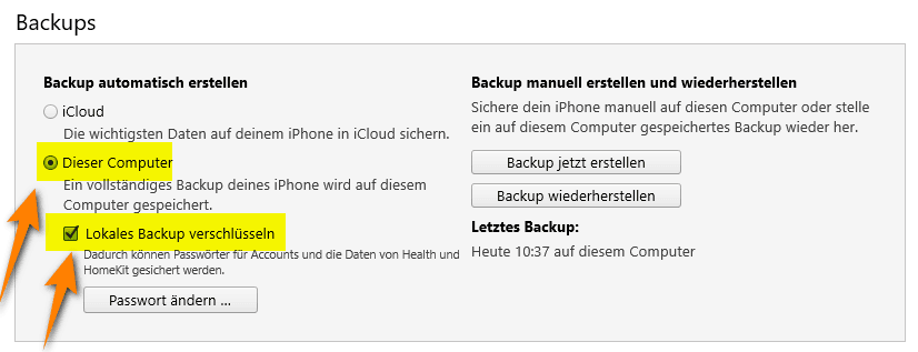 Backup iPhone iTunes mit einem Klick