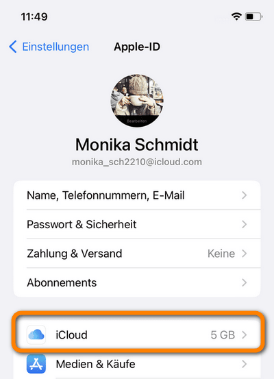 Einstellungen, iCloud auswählen