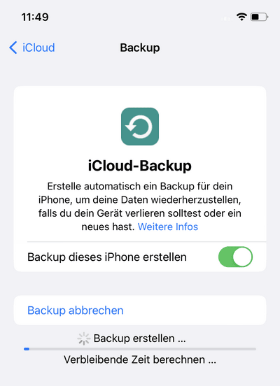 iCloud Backup wird erfolgreich erstellt
