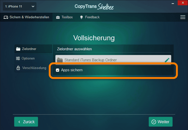 Backup für iPhone mit Apps erstellen