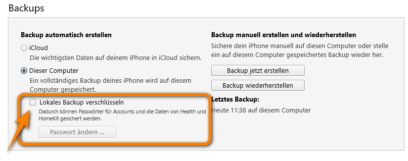 iTunes Backup iPhone mit Passwort