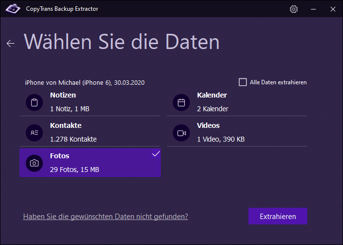 Datentyp im Backup auswählen