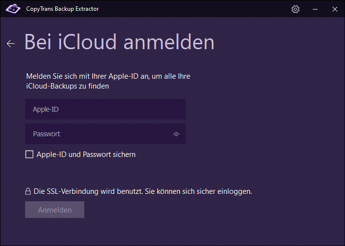 Apple-ID und das Passwort eingeben, um auf iCloud-Backups zuzugreifen