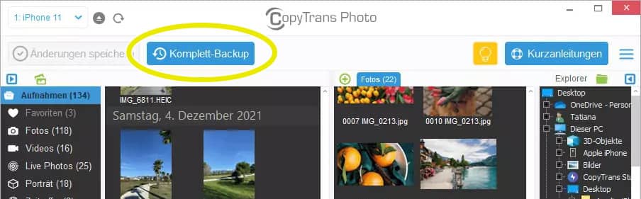 Foto Komplett-Backup auf PC erstellen