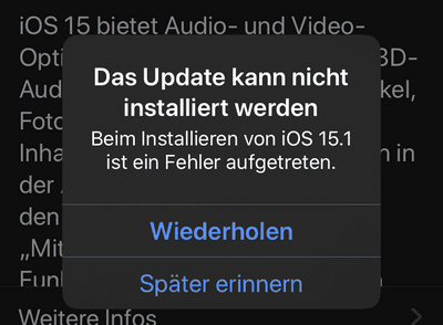 iOS Update kann nicht installiert werden Fehlermeldung