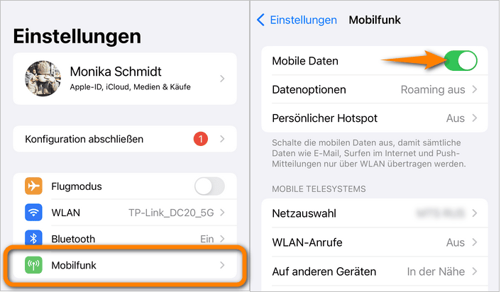 iPhone Update fehlgeschlagen - mobile Daten einschalten