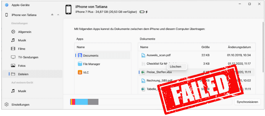 Apple Geräte App Dateien löschen nicht möglich
