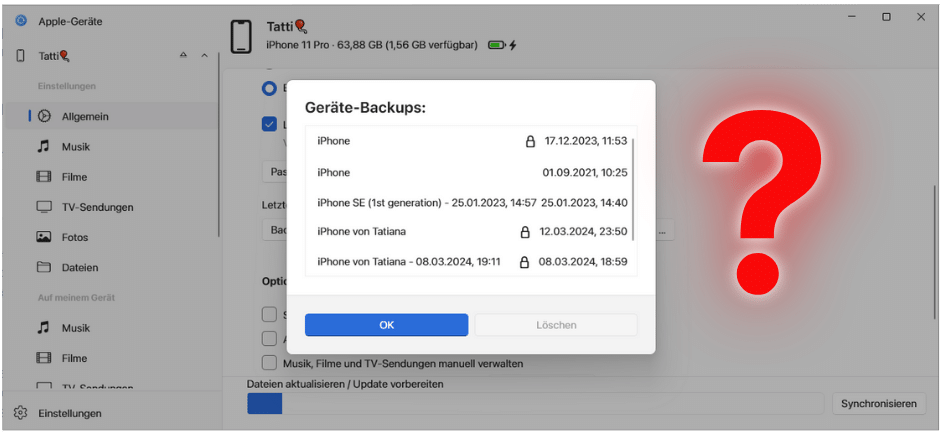 Backups verwalten in Apple-Geräte App