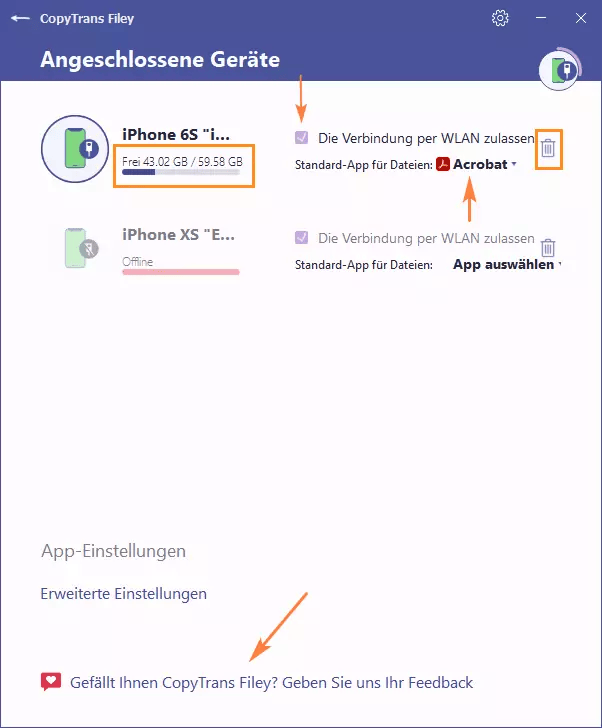 iPhone Speicher in CopyTrans Foto Einstellungen