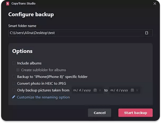 Backup im CopyTrans Studio konfigurieren
