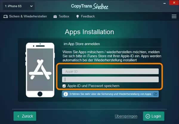 Apple-ID eingeben, um Backup zu laden