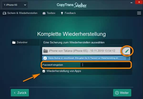 Backup laden iPhone - Backup auswählen