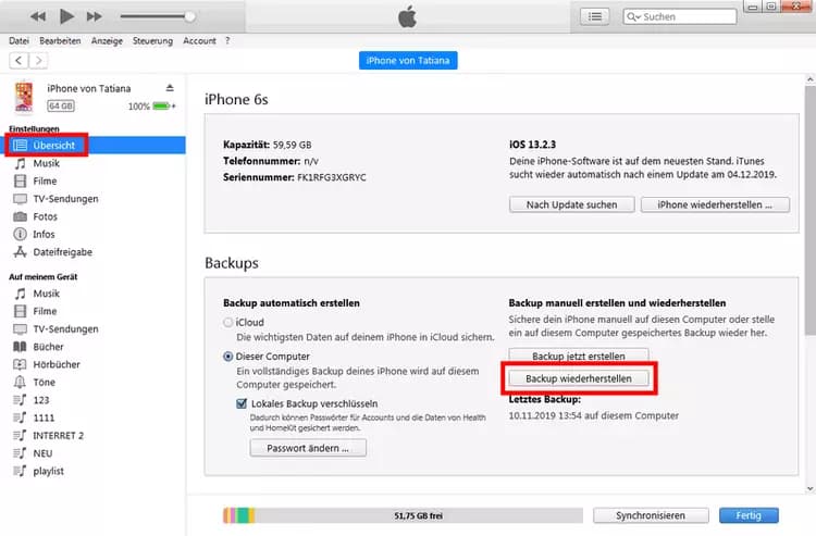 iPhone Backup mit iTunes laden