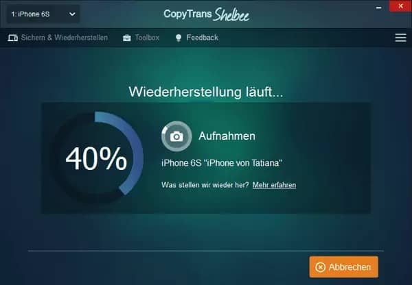 Das Laden vom iPhone Backup beendet