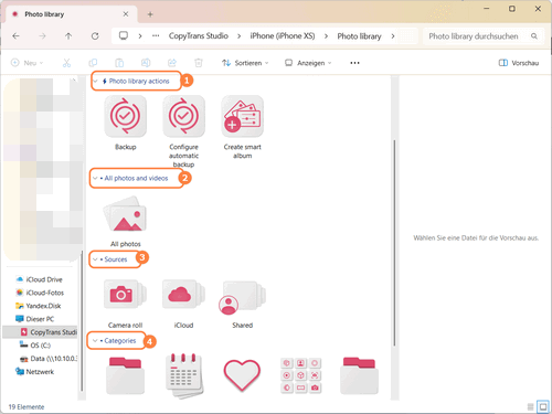Datenkategorien in CopyTrans Studio