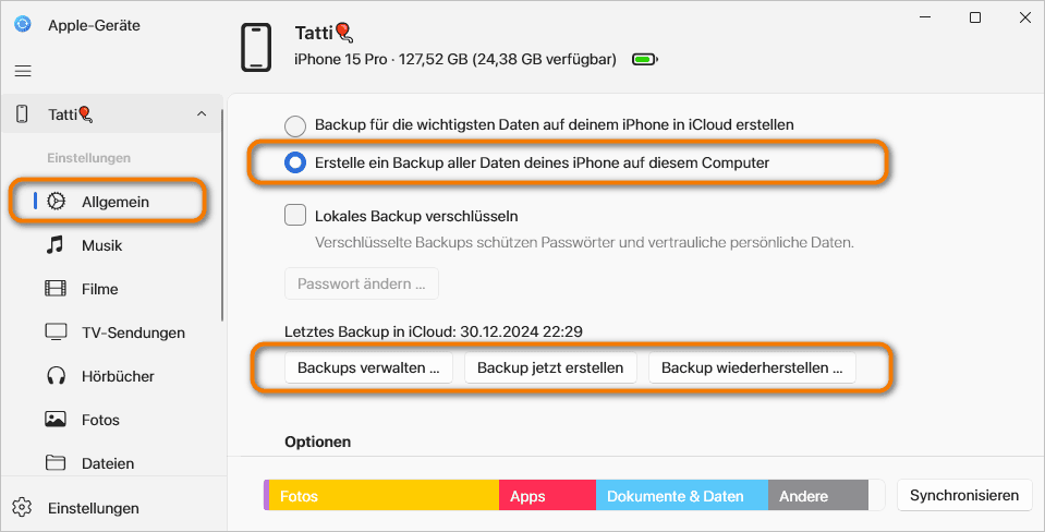 Backup mit Apple Geräte erstellen